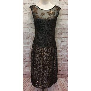 Kay Unger Womens Size 12 Black Sheer Lace Sleeveless Evening Dress Bronze Sequin